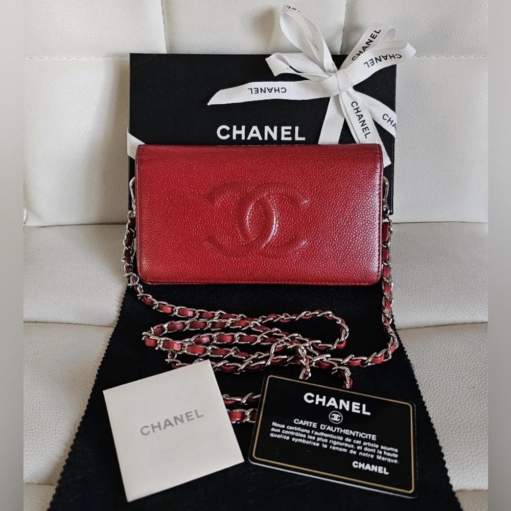 SOLD CHANEL Red Caviar Timeless CC Yen Wallet w/ Card, Box & Cert. of Auth.